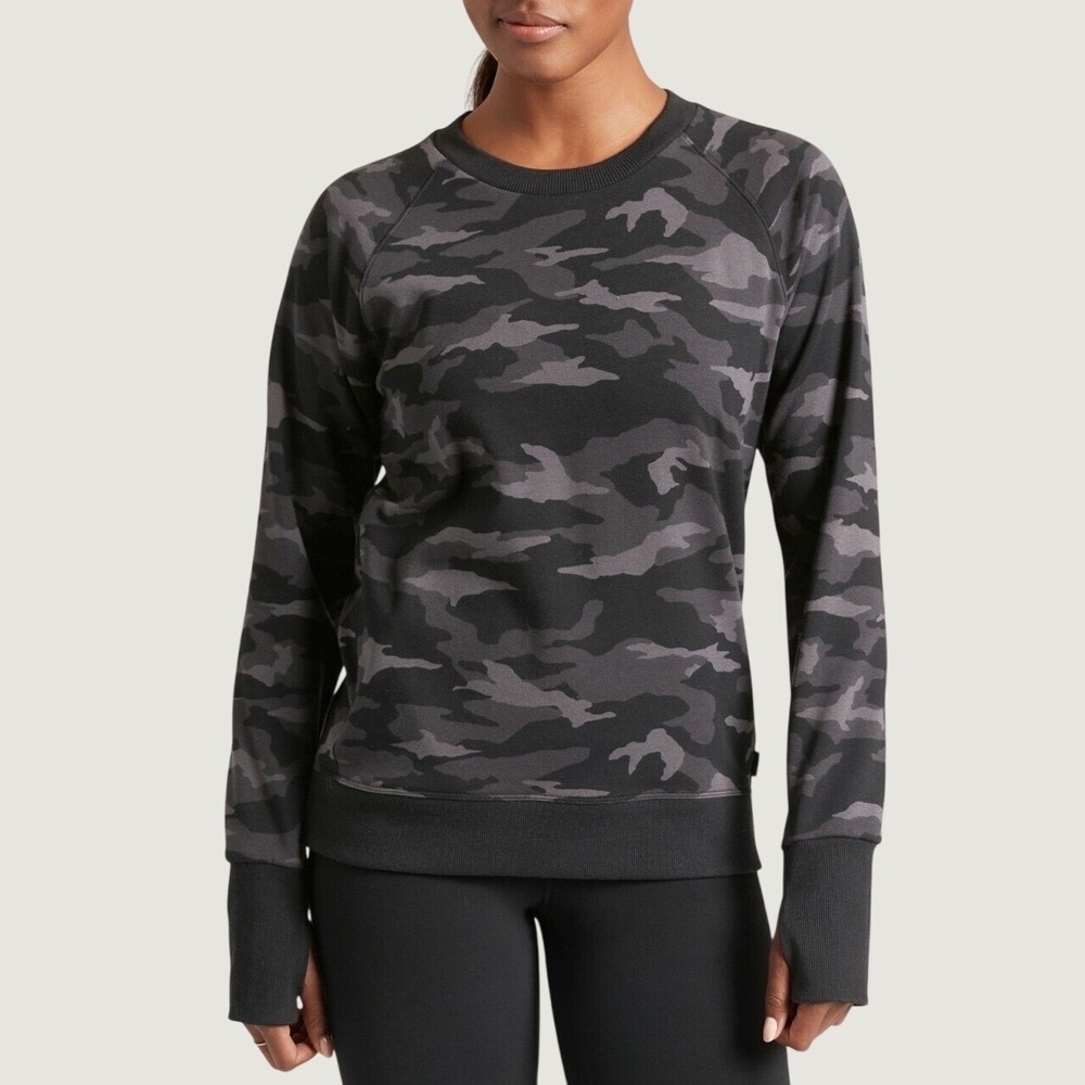 Athleta Camo Sweatshirt Triumph Crewneck Fleece Thumbhole Black Gray Women XXS